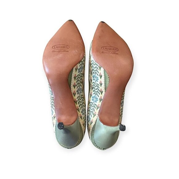 Vintage I. Miller Pumps 7.5B –Green Pearlized Leather & Floral Tapestry, 1950s - Picture 8 of 15